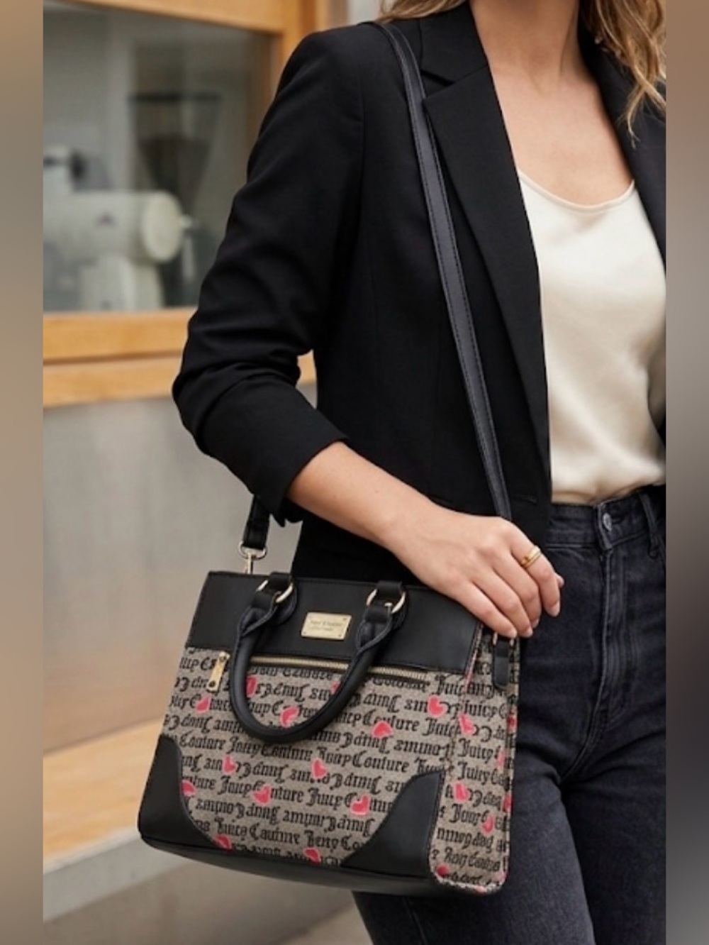 Juicy Couture Black Logo-Print Satchel with Red Heart Accents